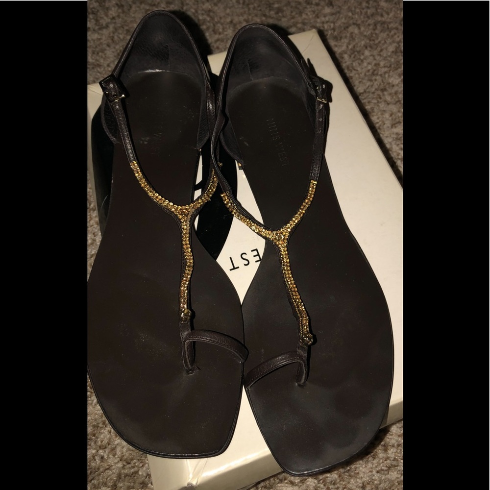 Brown embellished toe loop sandal